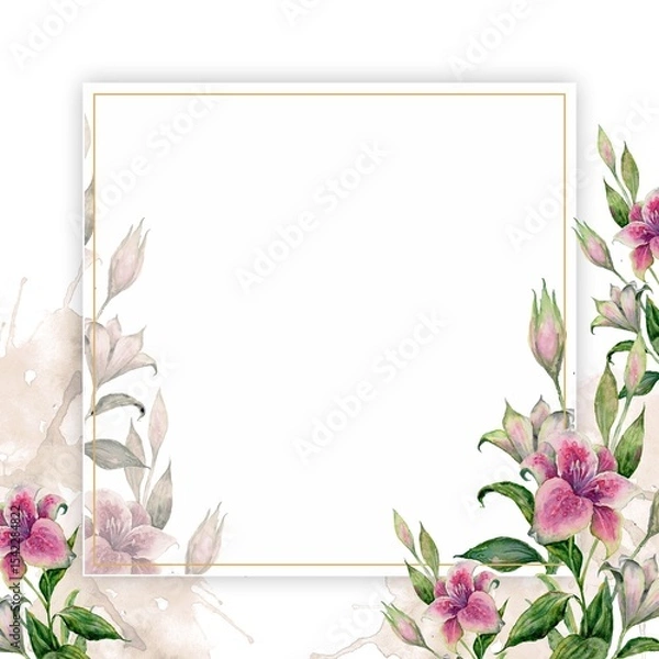 Fototapeta Square watercolor art panel. Pink and white lilies and green leaves on branches with a dimensional textured center. Focused botanical element on white space. For cards, frames, or surface design.