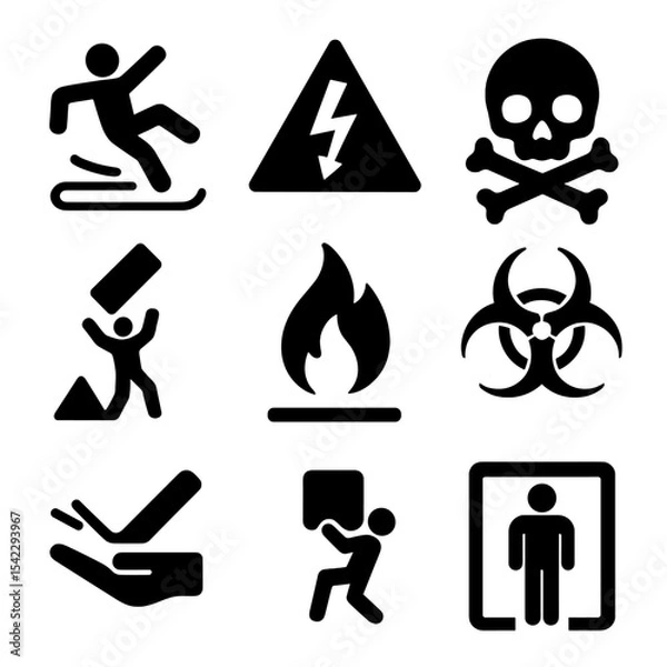 Obraz Workplace Hazard Icons. Solid style icons of workplace hazard signs: slippery floor sign, high voltage warning, toxic symbol,