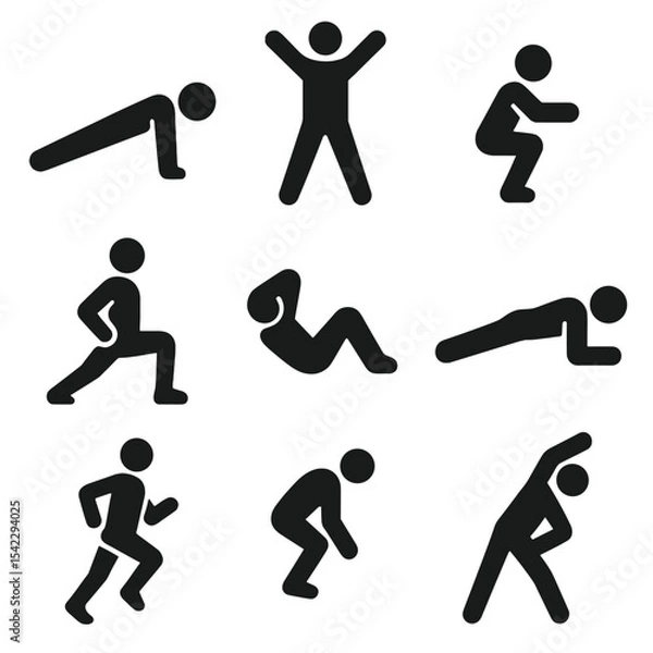Obraz Fitness Exercise Silhouettes. Solid style icons of fitness exercises silhouette: push-up pose, jumping jack, squat position,