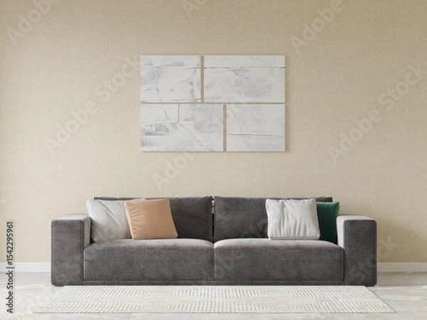 Fototapeta Mock up of a fashionable living room with a gray comfortable sofa and a stylish decorative background, 3D rendering.