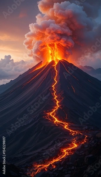 Fototapeta Volcanic Eruption Creates A Dramatic Scene, Molten Lava Streams Flow Down A Volcano, And Smoke Plumes Fill The Atmosphere. Nature's Raw Power Is Spectacularly Displayed, A Planet Showing Its Forces.