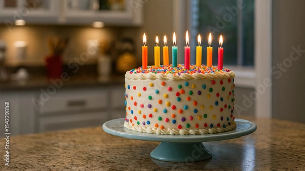 Obraz A delicious-looking, round birthday cake decorated with colorful sprinkles and lit rainbow candles sits on a cake stand in a kitchen setting.
