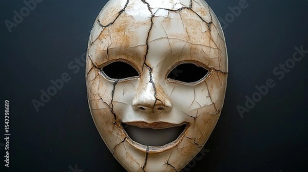 Fototapeta Closeup Of Cracked White Mask With A Smile On Dark Background