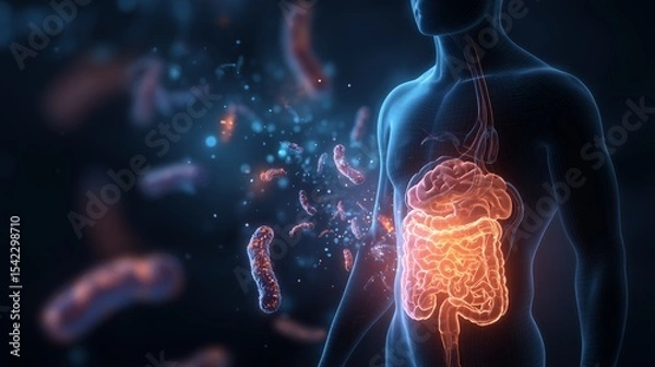 Obraz Human silhouette displays glowing brain and stomach connection surrounded by microscopic gut bacteria