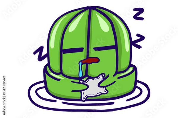 Fototapeta Kawaii Green Jelly On A Plate Mascot Sticker Collection With Sleeping Expression While Hugging Pillow