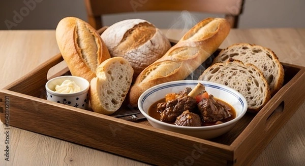 Fototapeta A rustic wooden tray holds a bowl of steaming lamb stew, surrounded by various bread