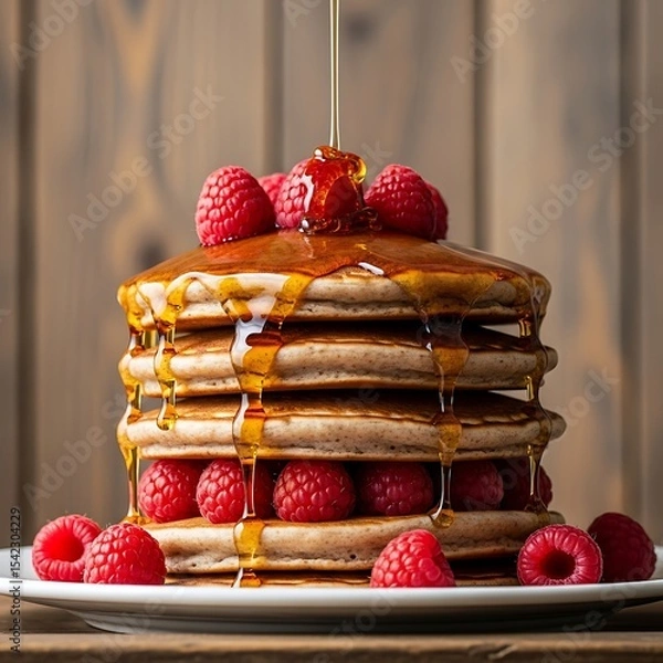 Fototapeta A stack of pancakes drizzled with maple syrup and topped with fresh raspberries