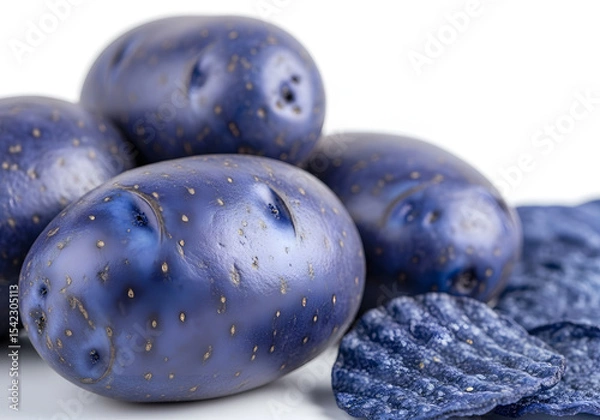 Fototapeta A close-up of vibrant blue potatoes and blue potato chips arranged together. The glossy surface of the potatoes contrasts with the textured chips, creating an appealing visual.