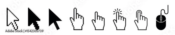 Obraz Mouse cursor set. Arrows web cursors, digital hand pointers. Arrow cursor pixel digital, web pointing and hourglass illustration