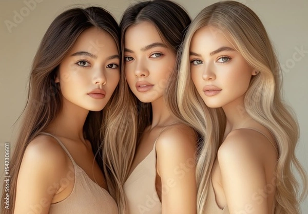 Obraz Three women with different hair colors showcasing natural beauty in a soft-lit studio environment