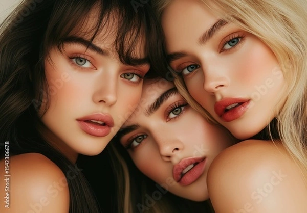 Obraz Three women with striking features pose closely together, showcasing beauty and elegance in a soft, natural setting