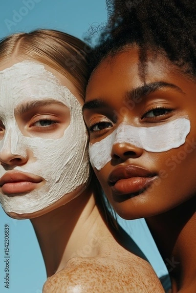 Obraz Two women enjoying a skincare routine outdoors under a clear blue sky in a sunny setting