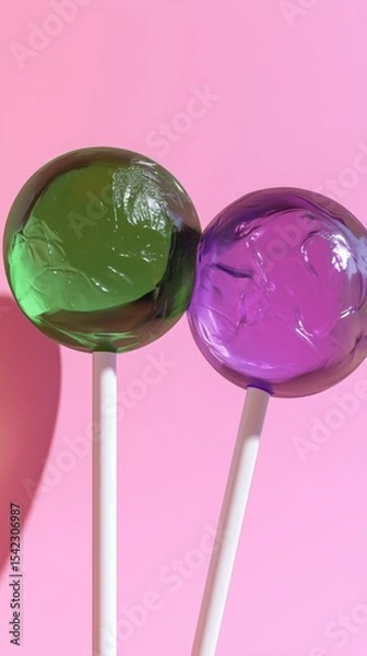 Obraz Colorful lollipops in green and purple displayed against a bright pink background