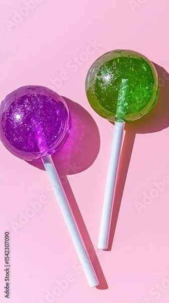 Obraz Brightly colored lollipops resting on a pastel pink background create a playful, cheerful atmosphere for sweet candy lovers