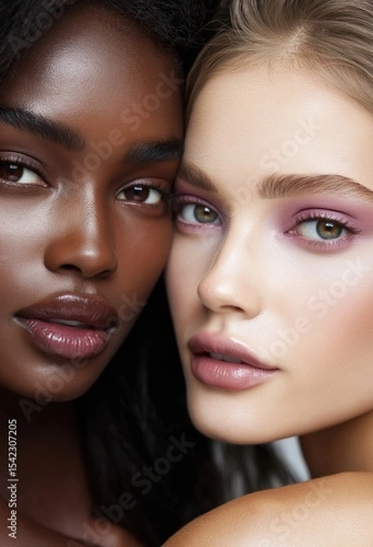 Obraz Diverse beauty showcasing two women with striking features and vibrant makeup styles in a close portrait setting