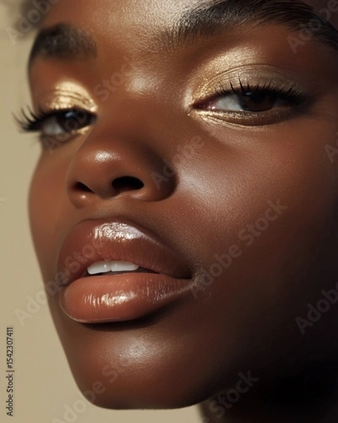 Obraz Close-up of a model showcasing glamorous makeup with radiant skin and golden accents in soft lighting