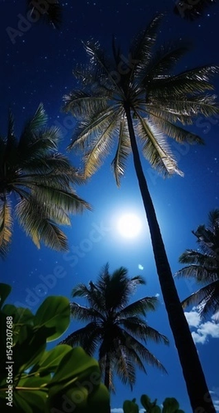 Obraz Bright moonlight filters through palm trees under a clear night sky in a tropical paradise