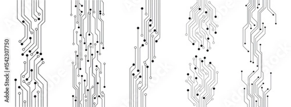Obraz Set of printed circuit board PCB tracks silhouettes isolated on white background. Technical clipart. Dividers for design. Vector design element.
