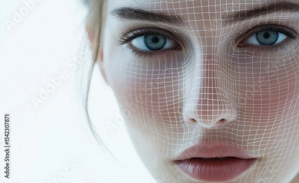 Obraz Digital art depicting a close-up view of a woman's face with a grid overlay, representing technology and beauty