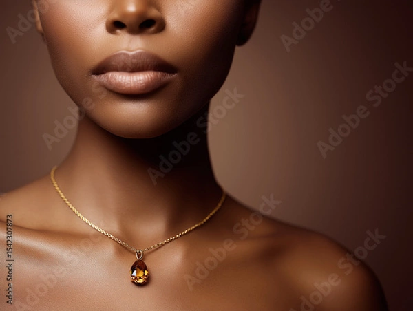 Fototapeta Close-up beauty shot of a dark-skinned model wearing a golden necklace with a glowing citrine gemstone, rich warm lighting, minimalist background
