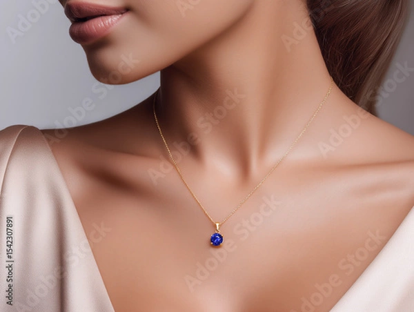 Fototapeta Delicate golden necklace with a radiant blue sapphire gemstone, on the neck of an elegant model. soft pastel background, natural highlights on skin and metal, cinematic light