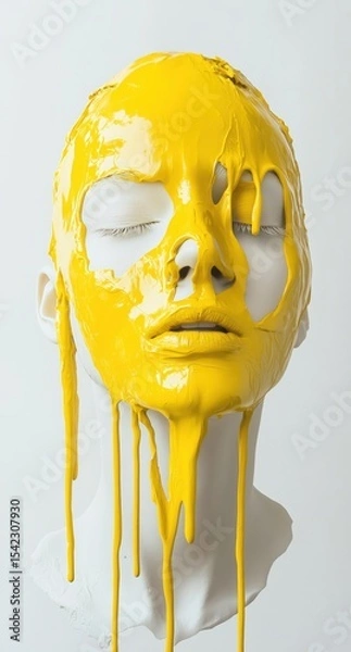 Obraz Bright yellow paint drips down the face of a white mannequin against a plain background