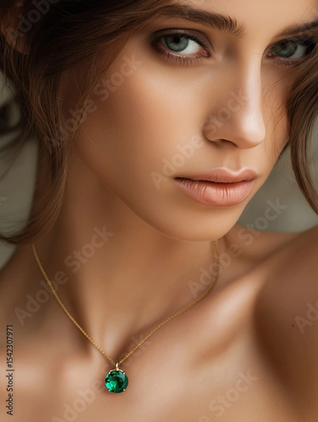 Fototapeta Close-up portrait of a female model with soft natural makeup, wearing an elegant golden necklace with a vibrant emerald gemstone