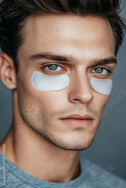 Obraz Young man applying under eye patches for skincare routine at home in the morning light