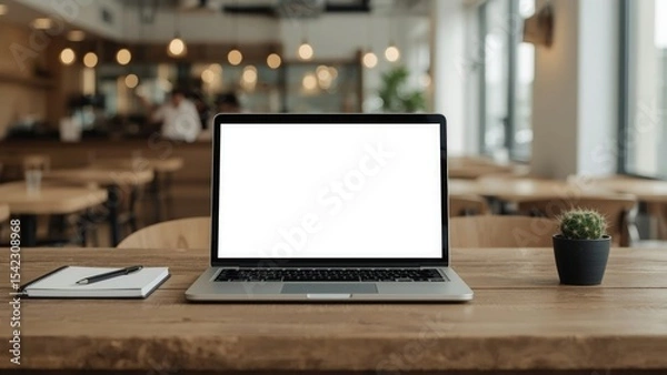 Obraz Laptop with blank screen on wooden table in modern cafe setting
