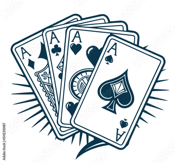 Fototapeta Old school tattoo style playing cards set showing ace of clubs, diamonds, hearts, spades with bold outlines and vintage shading, reflecting classic gambling and retro design elements