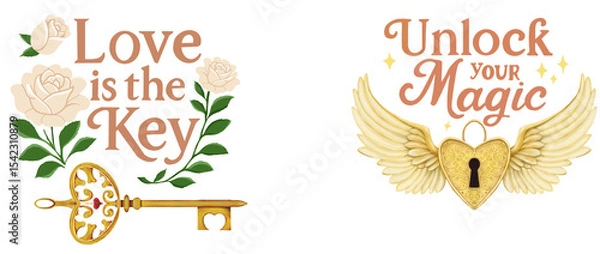 Fototapeta Inspirational illustrations featuring romantic and magical quotes with key and lock motifs—“Love is the Key” with roses and “Unlock Your Magic” with a winged heart lock.