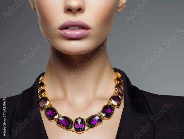 Fototapeta Close-up of a high-fashion model with an edgy modern look, sharp cheekbones, wearing a bold golden necklace with a faceted purple amethyst gemstone, clean background, studio lighting 