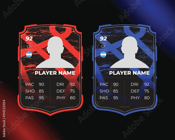 Fototapeta Soccer player rating card, Football player performance card with country flag, Customizable player statistic template.