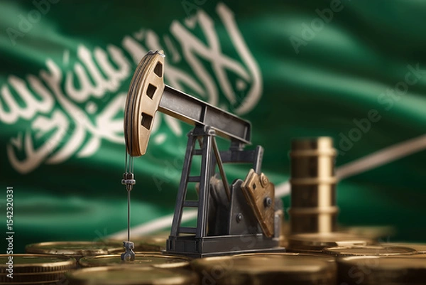 Obraz 3D style oil pumping unit with saudi arabia flag in the background