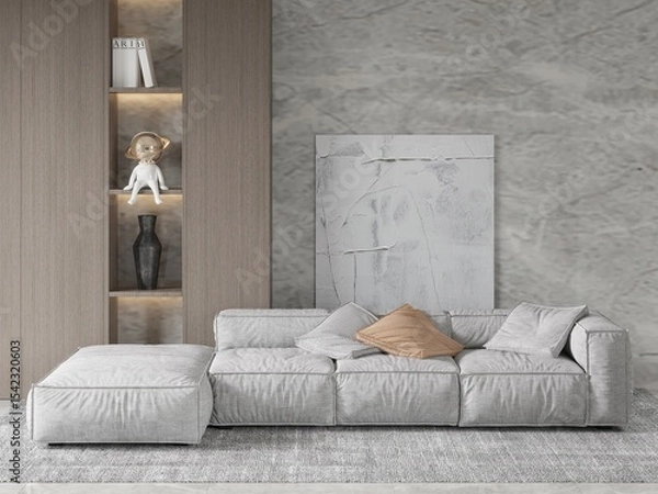 Fototapeta Mock up of a modern living room with a stylish design with a comfortable corner sofa and a trendy decorative background, 3D rendering.