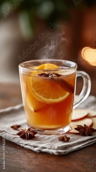 Fototapeta Hot Mulled Cider in Glass Mug with Orange and Spices on Rustic Table