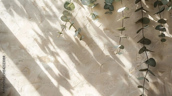 Fototapeta Light and shadow play on a textured cream wall with eucalyptus branches.