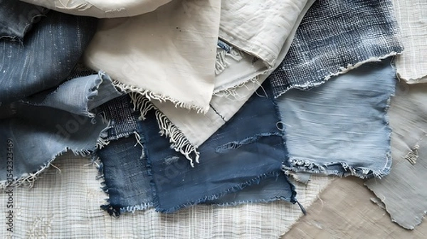 Fototapeta Assorted shades of indigo and cream fabrics with frayed edges.