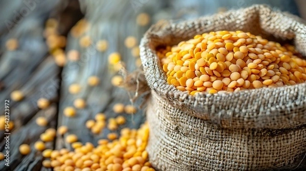 Fototapeta Close-up of yellow lentils in a burlap sack.