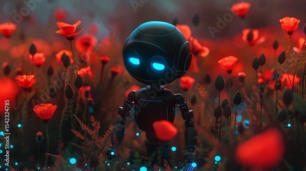 Fototapeta Futuristic robot in a field of poppies.