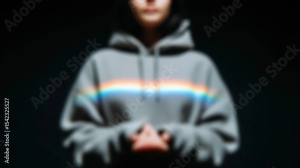 Obraz Person in a Gray Hoodie with a Rainbow Stripe Against Dark Background