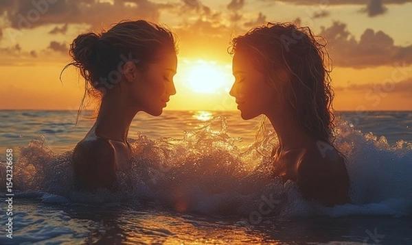 Obraz Two Figures Silhouetted Against A Colorful Sunset Over The Ocean