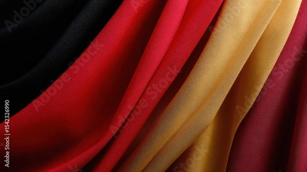 Obraz Luxury fashion-inspired abstract background with dramatic folds of fabric in bold red, gold, and black, sharp lighting, shadows creating depth