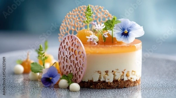 Obraz luxury plated dessert with layered textures, fruit gel, sugar lace, and edible flowers, soft glowing background, high contrast food styling