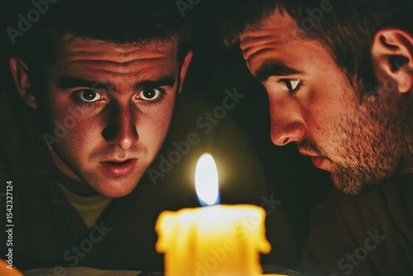 Obraz Two Men Intently Observing a Candle in Dim Light