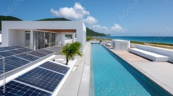 Obraz luxury rooftop hotel with solar panels, sunny day, infinity pool nearby, sea in the background, clean architectural lines, eco lifestyle 