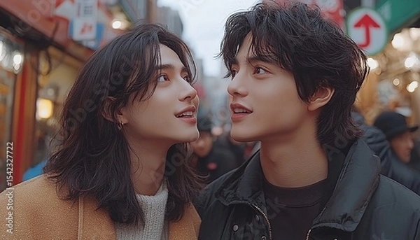 Obraz Two Young Men with Curly Hair Smiling at Each Other in a City Street