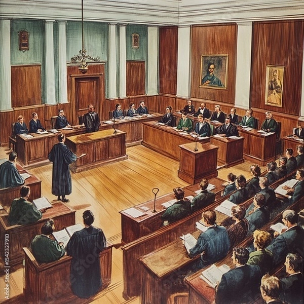 Obraz Vintage Illustration Of A Courtroom Scene Judge, Jury, And Spectators In A Formal Setting