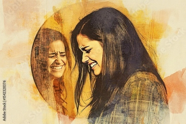 Obraz Watercolor Portrait of a Joyful Person with a Reflection, Warm Colors and Background