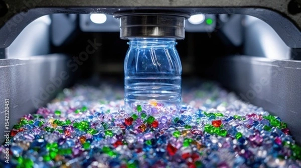 Obraz plastic bottles being crushed into colorful pellets, futuristic recycling machine, studio lighting, clear close-up of transformation process